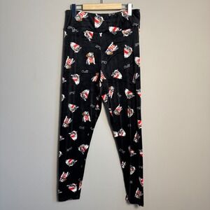 Ardene Womens Black Velour Pug Dog Lounge Pajama Leggings Sleep Pants Size Large